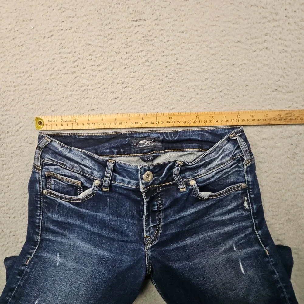 Silver Jeans Suki Capri Womens 31 Blue Denim Western Dark Wash Distressed Faded
